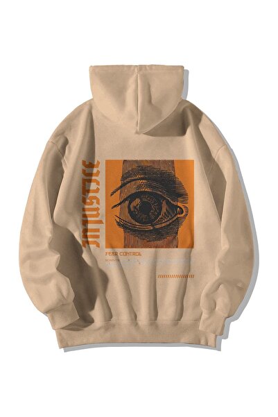 Harajuku Style سويت شيرت مطبوع بقلنسوة كبيرة الحجم للجنسين من كريم مع جيب الك...