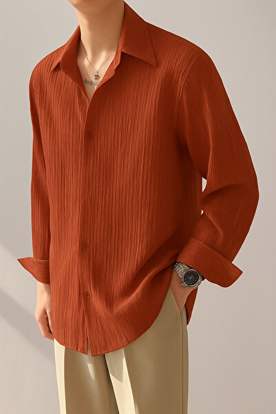 COOL TARZ Erkek Kiremit Bürümcük Slim Fit Gömlek Yaka Uzun Kollu Gömlek