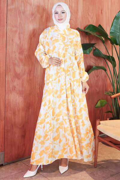 hafsamina Floral Printed Modal Dress Yellow Hm2798