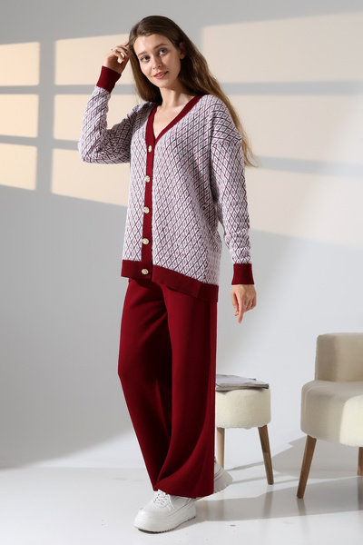 ALCHON V-Neck Long Sleeve Jacquard Panel Button Soft Textured Cardigan Straight Pipe Leg Pants Double Knitwear Suit