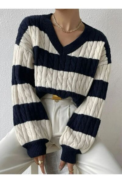 banessa Soft Textured Hair Braided V-Neck Knitwear Sweater