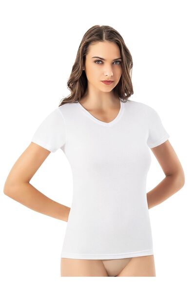 Sereia Women's Short Sleeve V-Neck Modal Design Plain Design Undershirt White - White - Sreiakou-6K61A6-Be