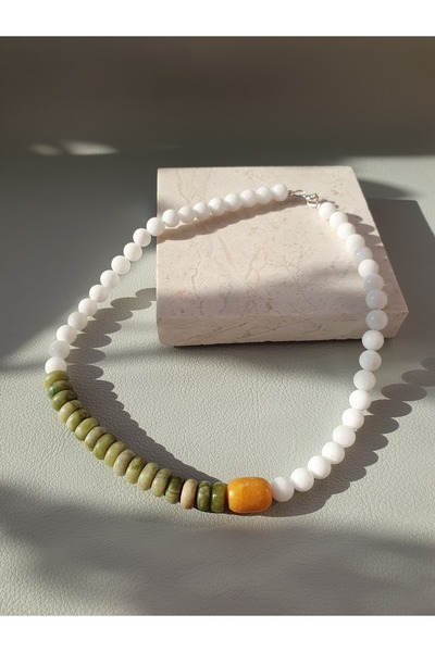 Abundo Necklace made of white, yellow and green jade stones with 925 silver accessories