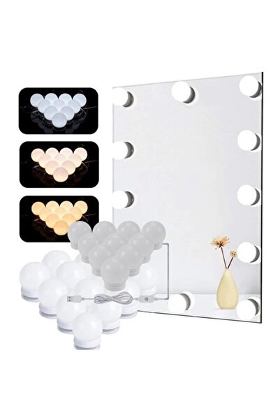 Skygo BUFFER® Nostalji Hollywood Tarzı 10lu Makyaj Masası Aynası Beyaz Led Işıklı Lamba USB