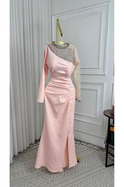 leevan fashion Elegant pink evening dress with sequins on the chest