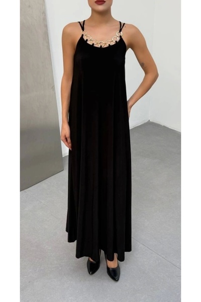 Silerra Women's Shoulder Strap Bird's Eye Chain Detail Sandy Fabric Maxi Size Dress