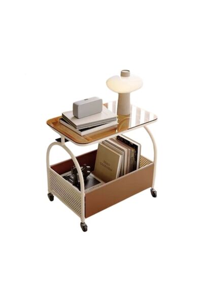Rovitech Masuta portabila cu compartiment pentru depozitare, blat din sticla, cadru metalic, 56 x 55 x 36 cm