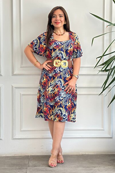 yb yağmur butik Square Neck Patterned Viscon Dress