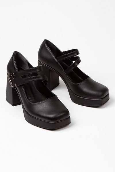 MFT AYAKKABI Women's Black Ballerina Style Blunt Toe Lightweight and High Heeled Shoes
