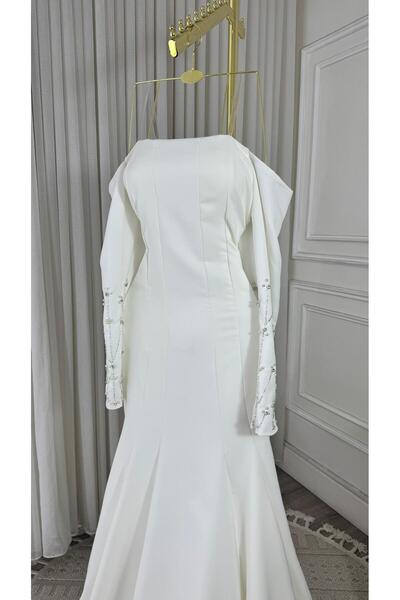 leevan fashion White off-shoulder evening dress with beaded and pearl embroidery on the sleeves