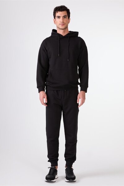 Dufy Siyah Kapüşonlu Kanguru Cepli Regular Fit Erkek Sweatshirt