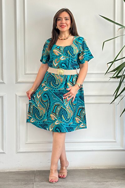 Yağmur Butik Φόρεμα από βισκόζη με τετράγωνο γιακά και σχέδιο