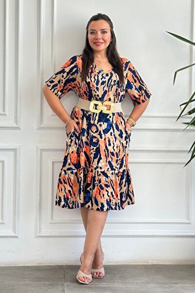 Yağmur Butik V Yaka Etek Ucu Fırfırlı Yandan Cepli İthal Dokuma Viscon Elbise