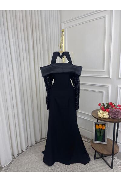 leevan fashion Elegant black evening dress with shiny sequin sleeves