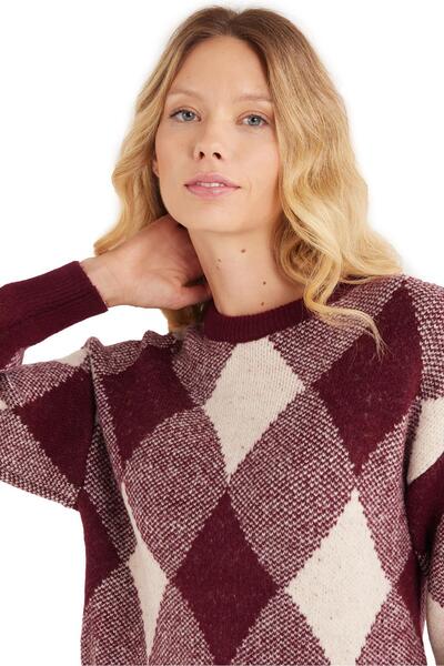Tudors Women's Slim Fit Slim Fit Crew Neck Patterned Burgundy Sweater