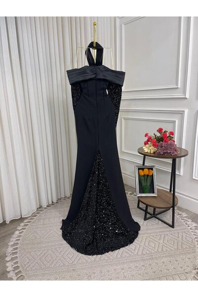 leevan fashion Elegant black evening dress with shiny sequin sleeves