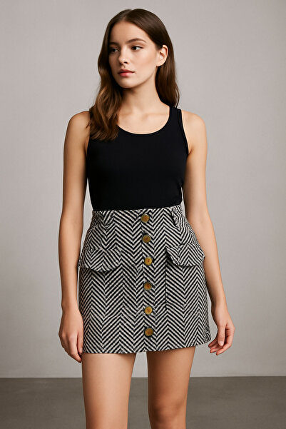 Noi Belis Fusta țesută cu detaliu cu nasturi de dimensiuni mini AW25ET0002