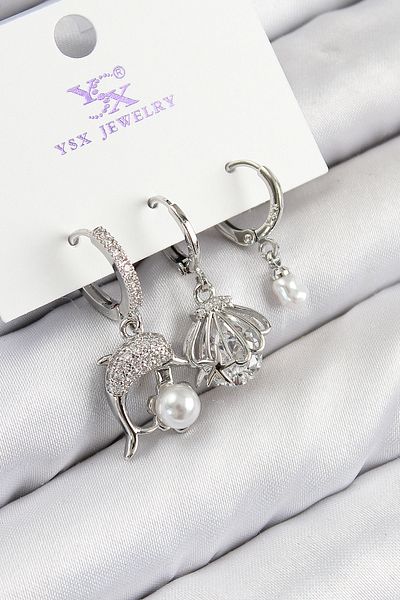 Skygo Brass Zircon Stone 3-Piece Dolphin and Oyster Model Silver Color Women's Earrings - Tj-Bkp11127