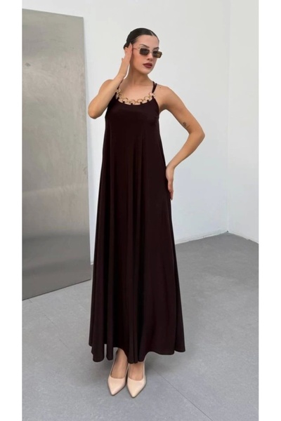 Silerra Women's Shoulder Strap Bird's Eye Chain Detail Sandy Fabric Maxi Size Dress