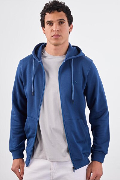 Dufy Açık Lacivert Fermuar Kapamalı Kapüşonlu Erkek Regular Fit Sweatshirt