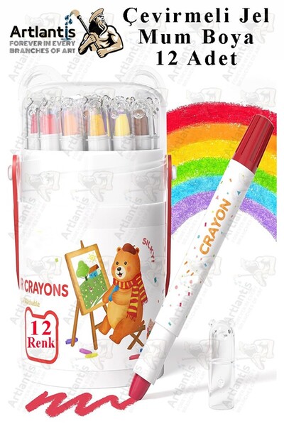 Artlantis Çevirmeli Jel Mum Boya 12 Renk 1 Adet Plastik Kutulu 12 li Mum Boya Kalemi Silinebilir Zararsız Yıka