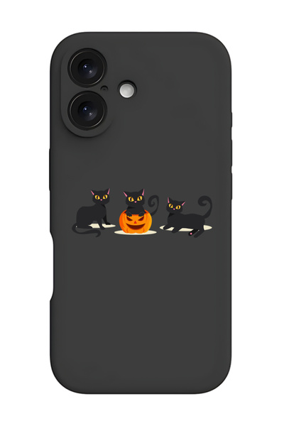 Theodor جراب حماية أسود من السيليكون السائل المقاوم للصدمات لهاتف iPhone 16 - قطط قرع هالوين 2