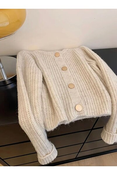 ANUBİS Kadın Gold Düğme Detaylı Bisiklet Yaka Triko Hırka