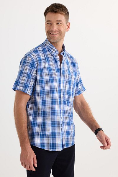 Tudors Men's Regular Fit Classic Cut 100% Cotton Linen Texture Pocket Checked Short Sleeve Buttoned Collar Shirt