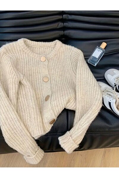 ANUBİS Kadın Gold Düğme Detaylı Bisiklet Yaka Triko Hırka