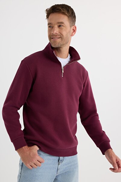 Tudors Φούτερ Unisex Relax Fit Άνετο Κομμένο Βαμβακερό Φλις με μισό φερμουάρ με όρθιο γιακά σε μπορντό χρώμα