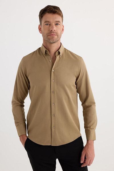 Tudors Regular Fit Button Collar Cotton Easy Iron Oxford Plain Men's Mink Shirt
