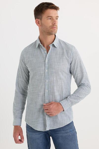 Tudors Men's Slim Fit Slim Fit Long Sleeve 100% Cotton Linen Texture Green Striped Shirt