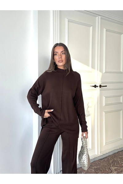 Lusin Your Name Half Turtleneck Sweater Pants Bottom Top Knitwear Set - Brown (New Color)
