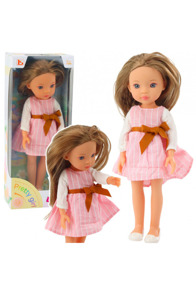 REBELS Păpușă drăguță în rochie roz cu fundă, păr lung și șaten