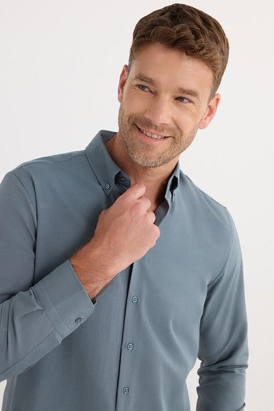 Tudors Regular Fit Button Collar Cotton Easy Iron Oxford Plain Men's Gray Shirt