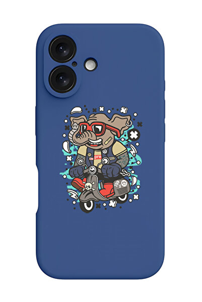 Theodor غطاء حماية سيليكون سائل مقاوم للصدمات لهاتف iPhone 16 Plus أزرق - فيل على دراجة