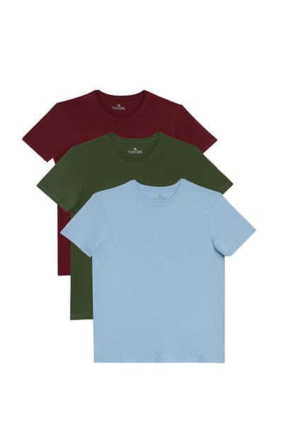 Tudors Unisex 3 Pack Green-Burgundy-Blue Slim Fit Slim Fit 100% Cotton Crew Neck T-Shirt