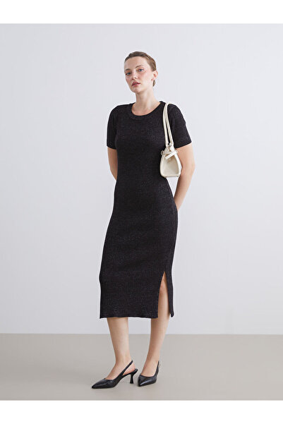 LC Waikiki Black Crew Neck Shiny Look Knitwear Dress