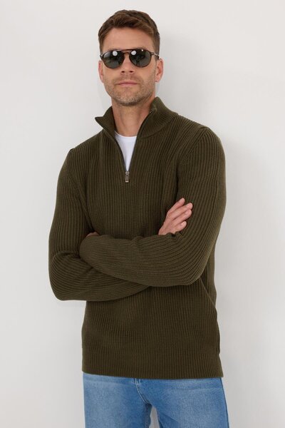Tudors Men's Slim Fit Slim Fit Zippered Khaki Stand Collar Knitwear Sweater