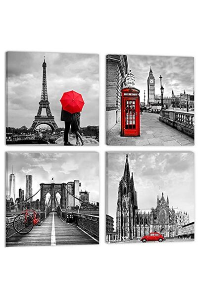 Generic sunfrower Red and Grey City Wall Art Modern Cityscape Living Room Wall Decor Canvas Prints Bedroom