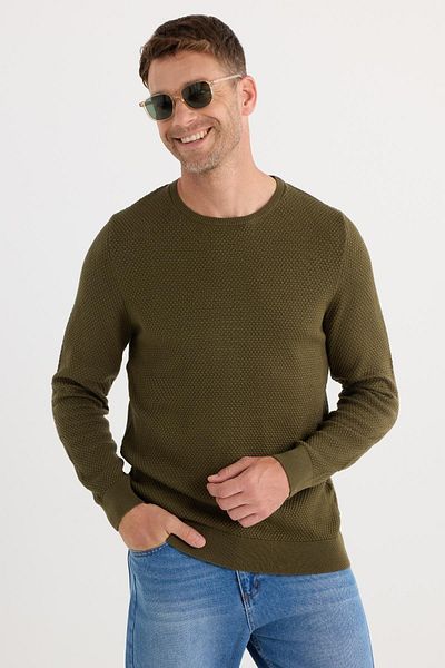 Tudors Men's Standard Fit Regular Cut Crew Neck Honeycomb Patterned Dark Khaki Sweater