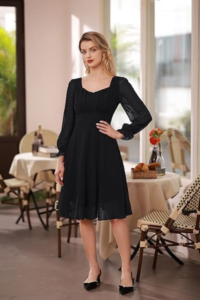 Belle Poque Elegant dress, above the knee, long sleeves, black, lace S