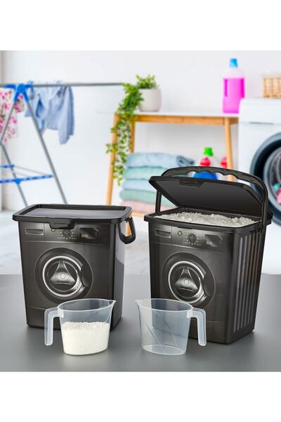 Estava Home علبة تخزين المنظفات بمقياس 2 مع غطاء هدية 5 لتر - بلاستيك - 2 - أسود