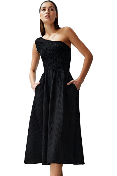 PayBuy Γυναικείο μίντι φόρεμα με έναν ώμο από υφαντό ύφασμα Κομψό καλοκαιρινό...