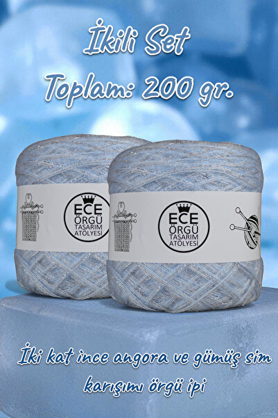 Ece Örgü Tasarım Atölyesi Buz mavisi iki kat ince angora arasına gümüş sim karışımı örgü ipi (200 gr.)