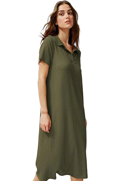 PayBuy Rochie midi tricotată cu mânecă scurtă pentru femei, cu guler polo, oc...