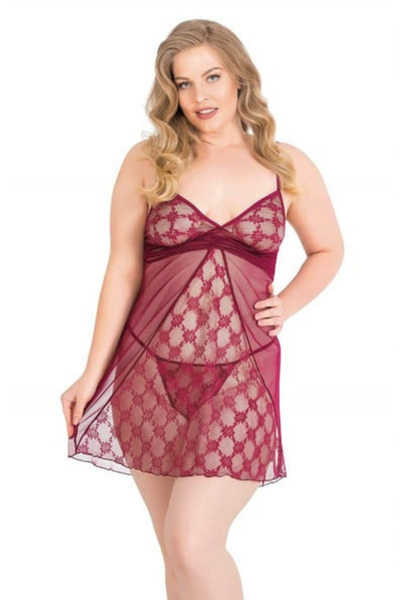 Bleu Petite Plus Size Women's Lace Tulle Nightgown Panty Set