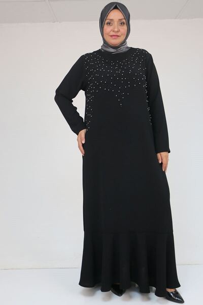 Eslina 52025 Plus Size Dress with Flared Hem and Stone Detail - Black