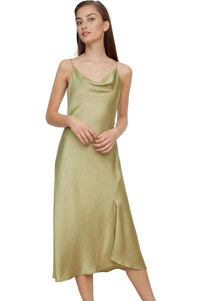 PayBuy فستان سهرة نسائي من الساتان متوسط ​​الطول بتصميم خاص وبطانة على شكل شي...