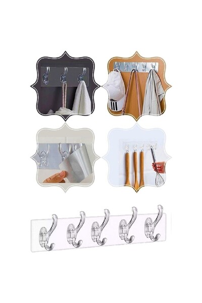Askıcı Two Pieces Transparent Wall Hanger Bathroom Kitchen Hanger Practical Hook Hanger 5 Pieces Adhesive 2 Pieces